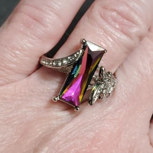 Silver Tone Rainbow Rhinestone Ring 725